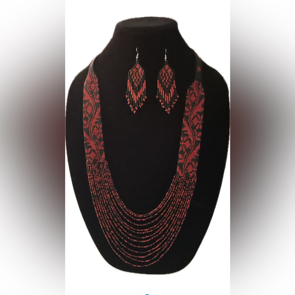 Elegant Red and Black Layered Beaded Necklace and Earrings